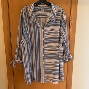 Catherine’s Women’s Striped Asymmetrical Button Down Shirt Blue Pink 3X 26/28W